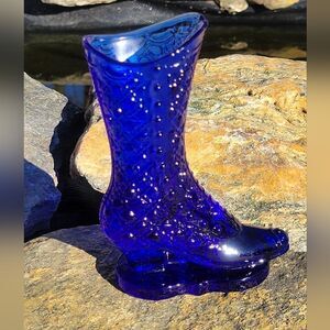 Vintage Handmade Cobalt Blue Ladies Glass Boot